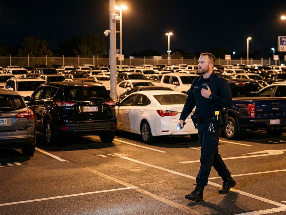Night security guard patrol parking lot